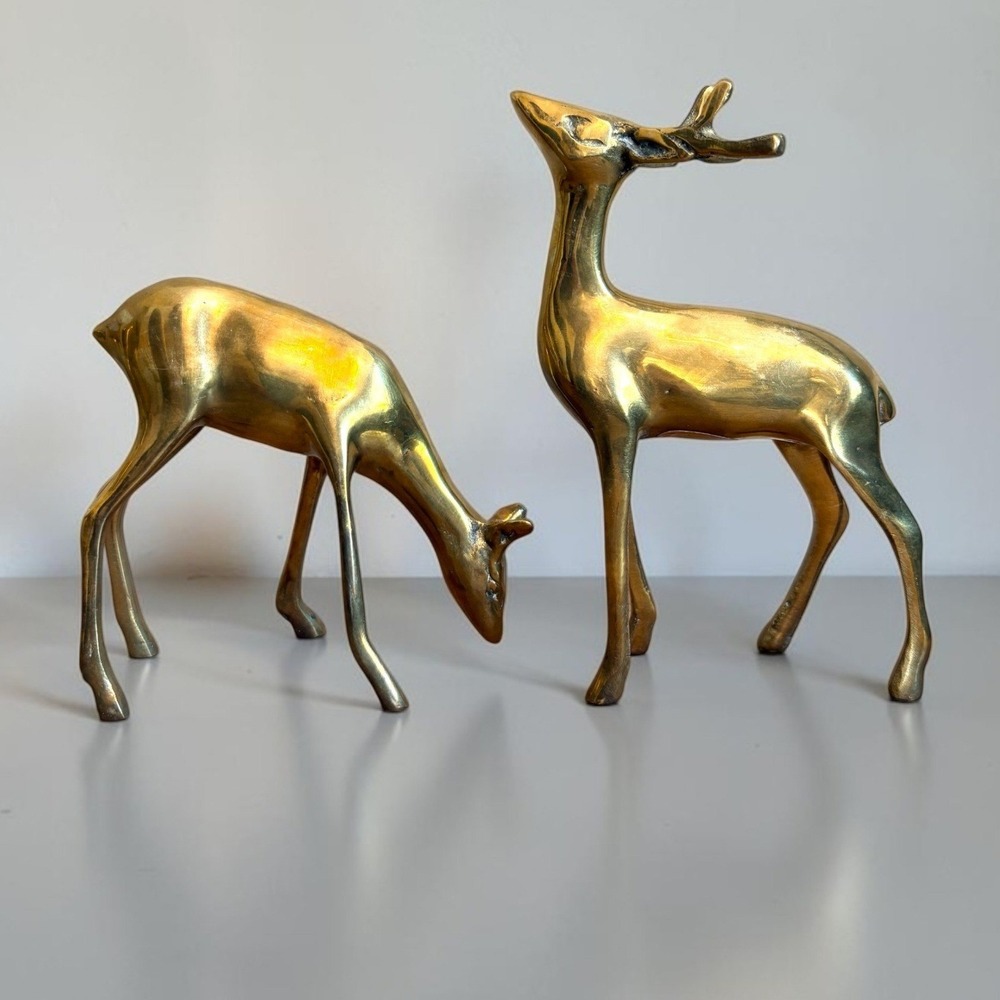 Vintage Solid Brass Deer Figurines Set Mid Century Modern Buck & Doe Gold Decor